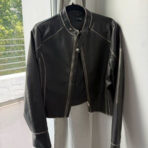 Boohoo Black Leather Moto Jacket with Contrast Stitching